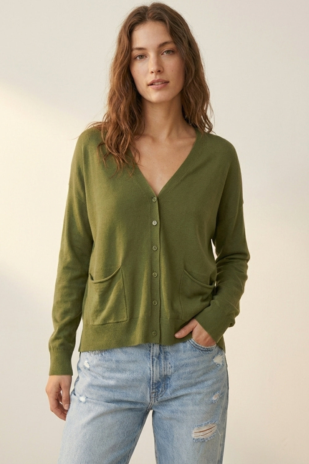 Fine Knit Cardigan with Front Pockets in khaki