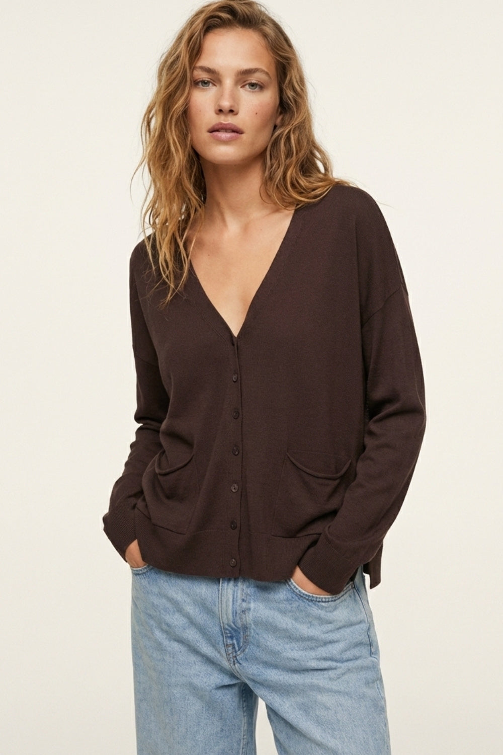 Fine Knit Cardigan with Front Pockets in brown