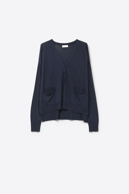 Fine Knit Cardigan with Front Pockets in navy