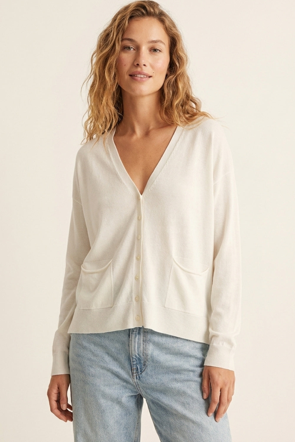 Fine Knit Cardigan with Front Pockets in white