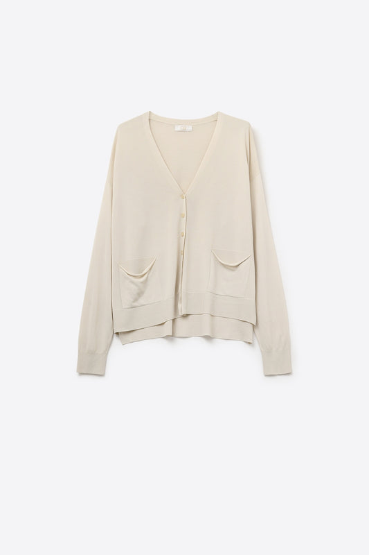 Fine Knit Cardigan with Front Pockets in beige