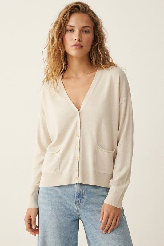 Fine Knit Cardigan with Front Pockets in beige