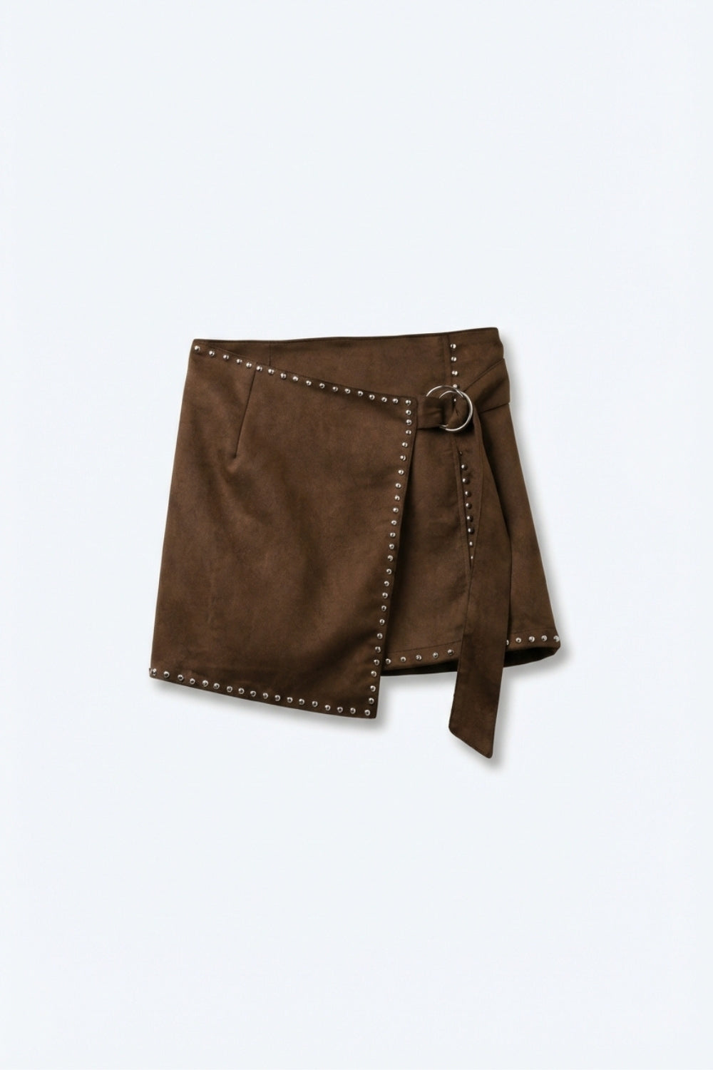 Brown Studded Wrap Mini Skirt with Belt Detail