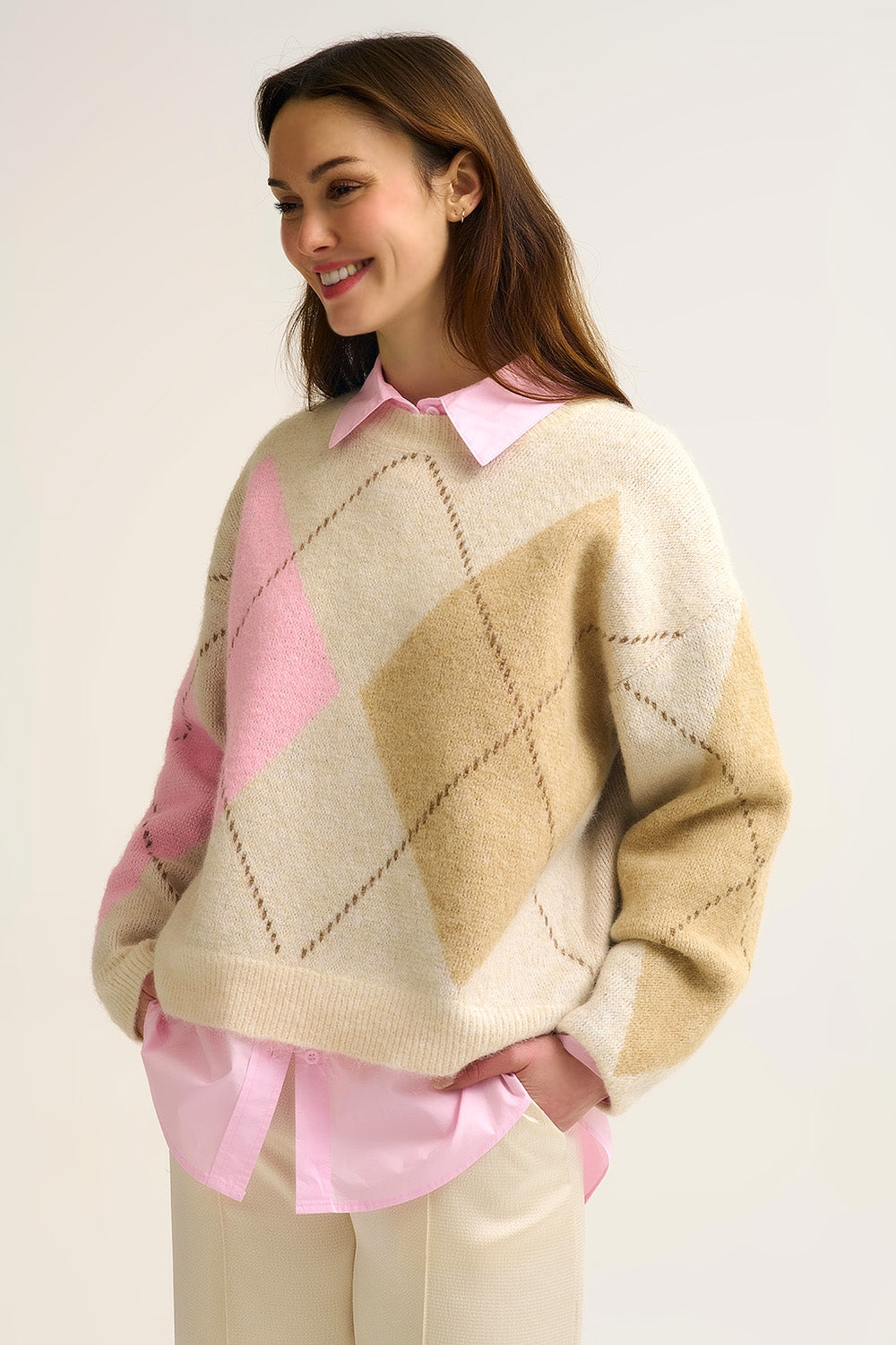 Cream Argyle Knit Sweater with Contrast Color Blocks pink and camel - jumper