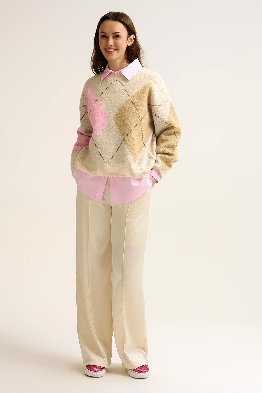 Cream Argyle Knit Sweater with Contrast Color Blocks pink and camel - jumper
