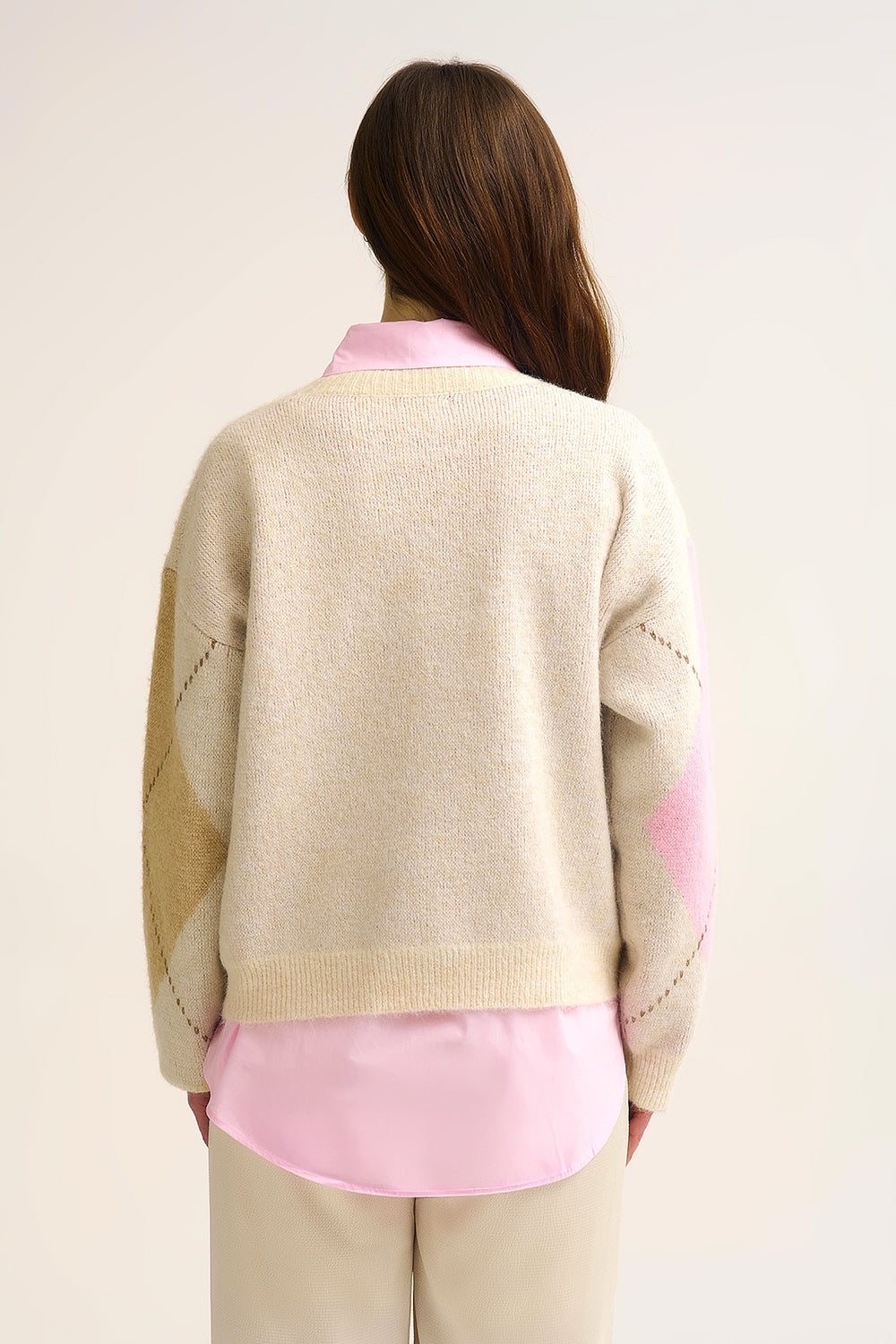 Cream Argyle Knit Sweater with Contrast Color Blocks pink and camel - jumper
