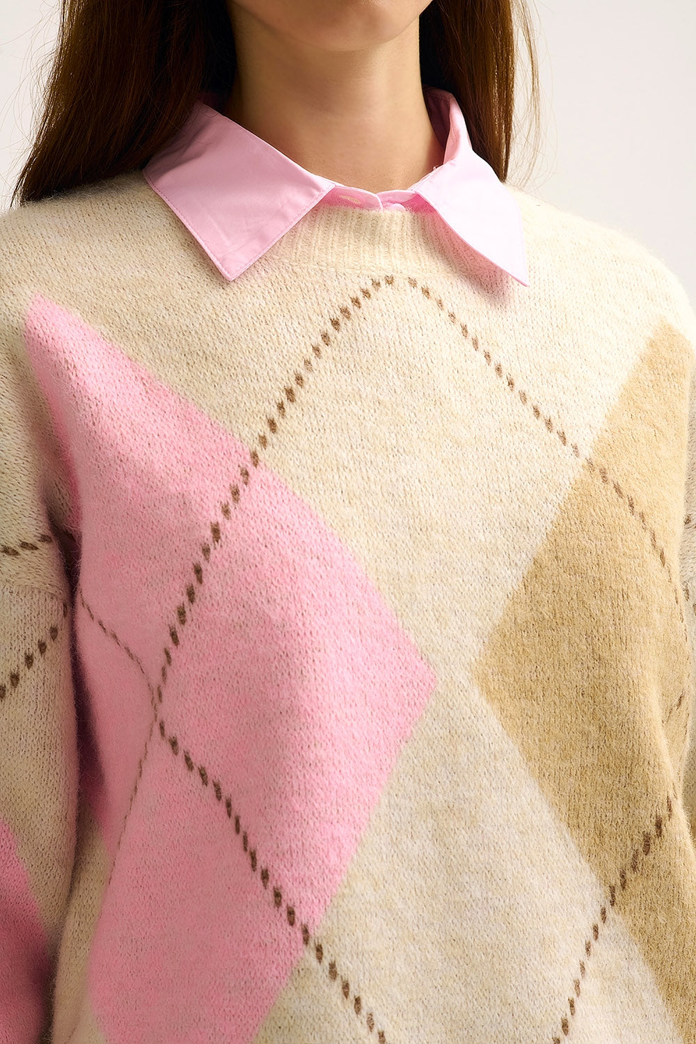 Cream Argyle Knit Sweater with Contrast Color Blocks pink and camel - jumper