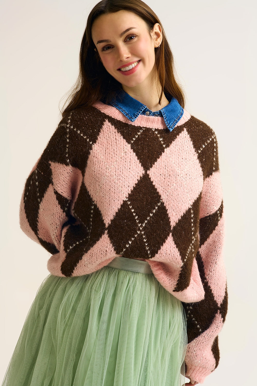 Pink and Brown Argyle Knit Sweater with Voluminous Sleeves - jumper