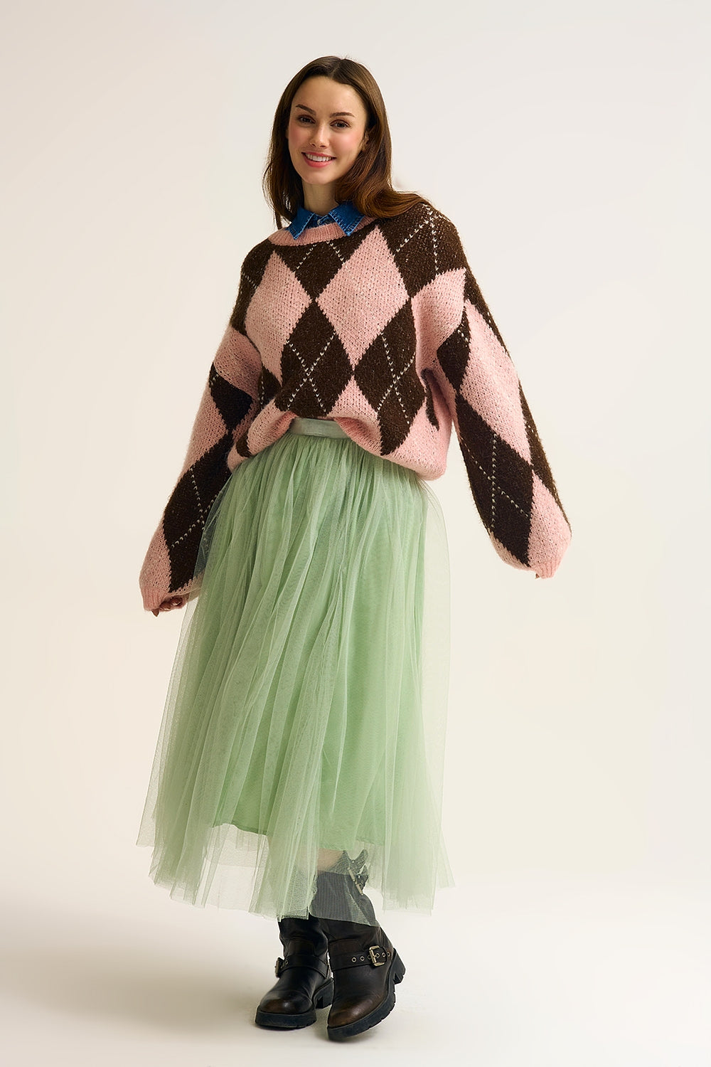Pink and Brown Argyle Knit Sweater with Voluminous Sleeves - jumper