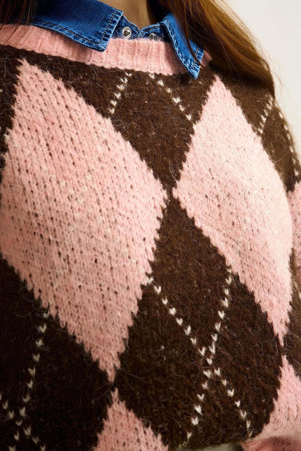 Pink and Brown Argyle Knit Sweater with Voluminous Sleeves - jumper