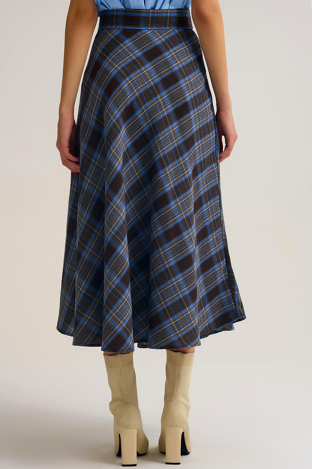 Brown Check High-Waisted Midi Skirt
