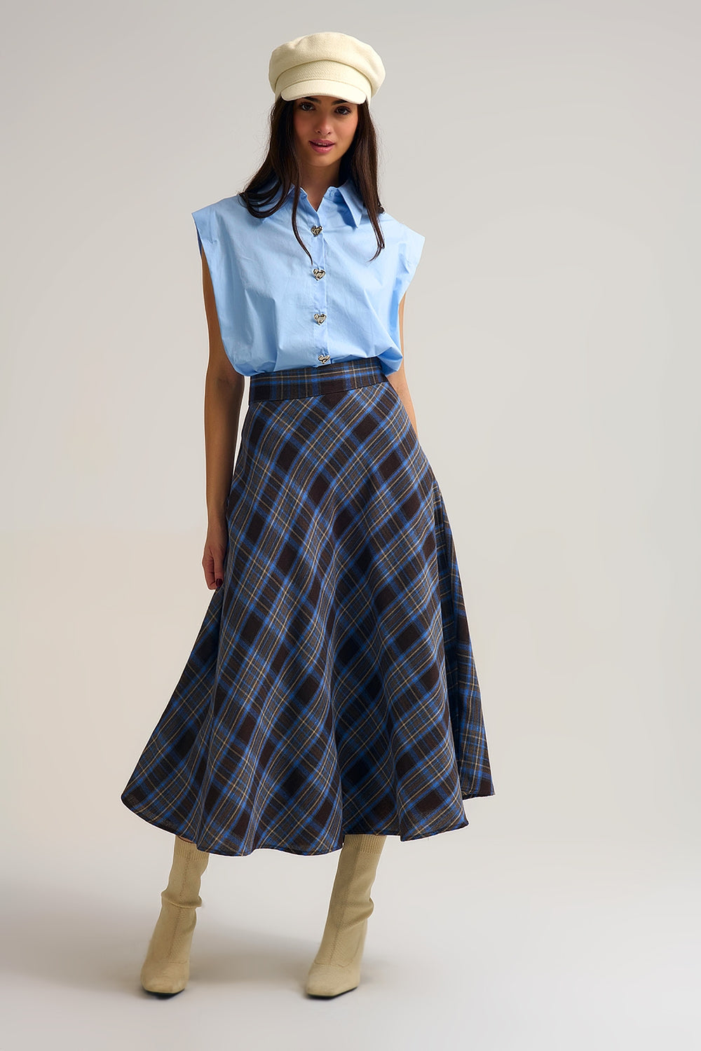 Brown Check High-Waisted Midi Skirt