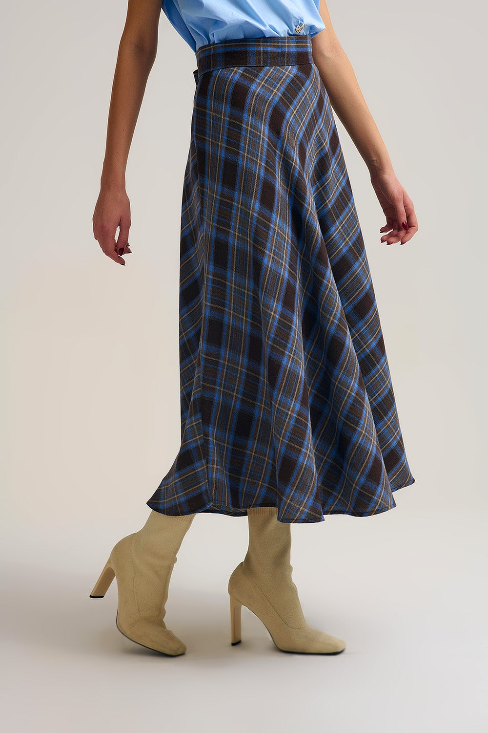 Brown Check High-Waisted Midi Skirt