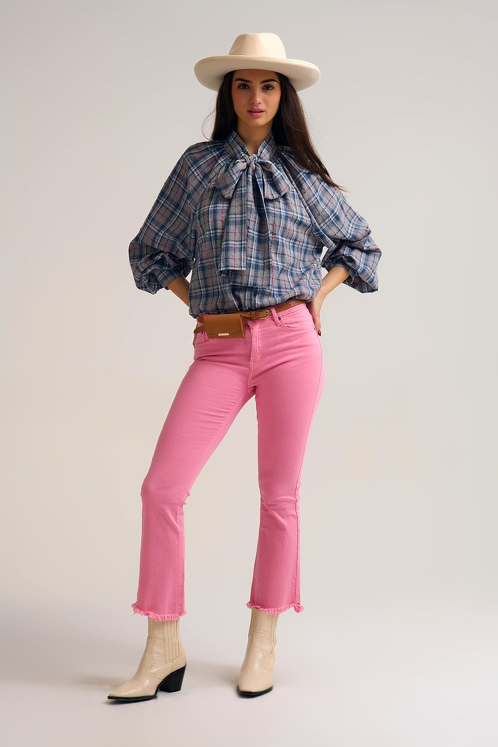 Blue blouse with check print and bow detail at the neck - Shirts