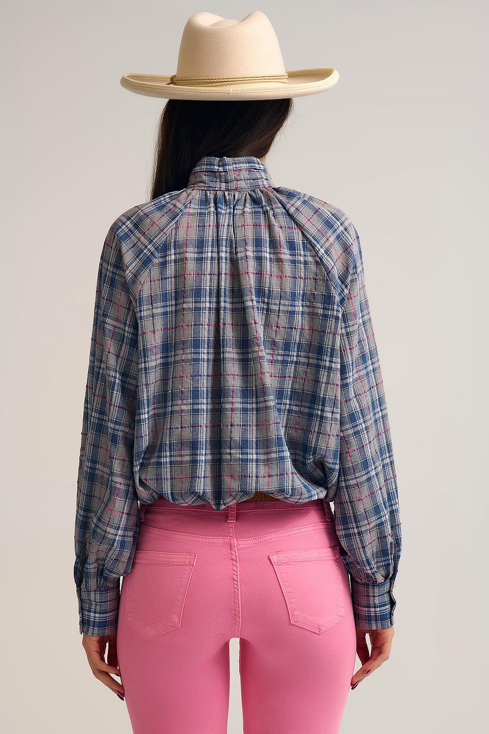 Blue blouse with check print and bow detail at the neck - Shirts