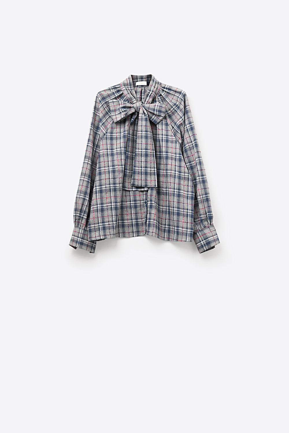 Blue blouse with check print and bow detail at the neck - Shirts