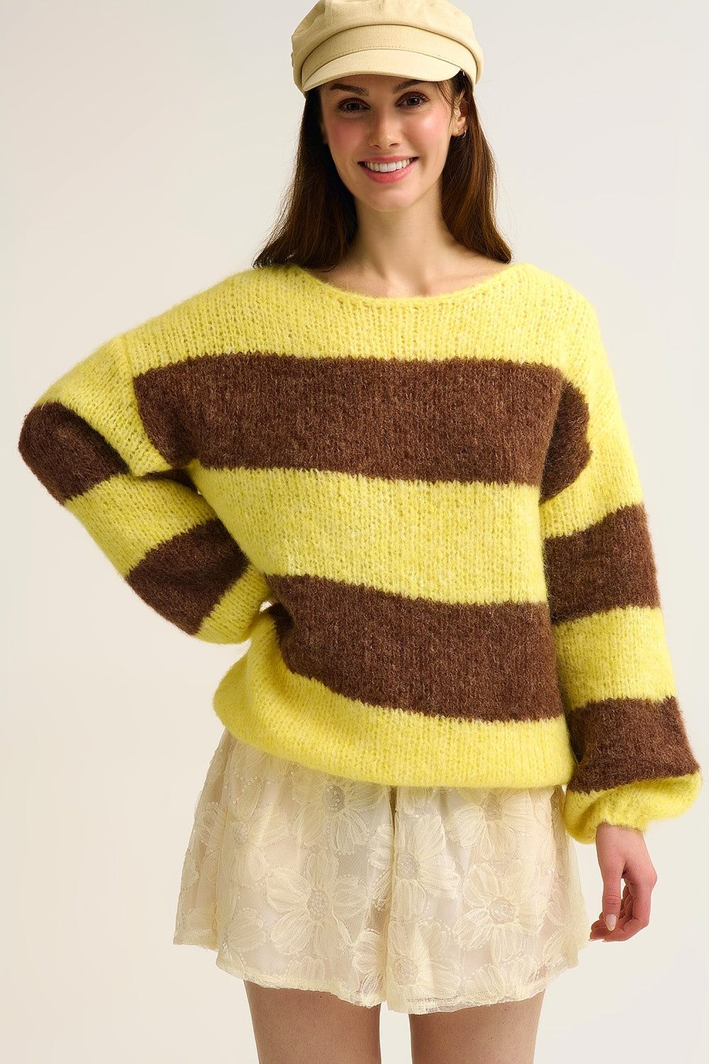 Yellow Fluffy Striped Knit Sweater with Balloon Sleeves - jumper