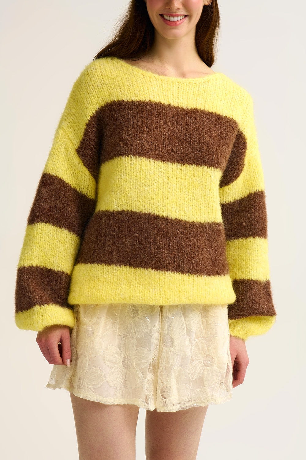 Yellow Fluffy Striped Knit Sweater with Balloon Sleeves - jumper