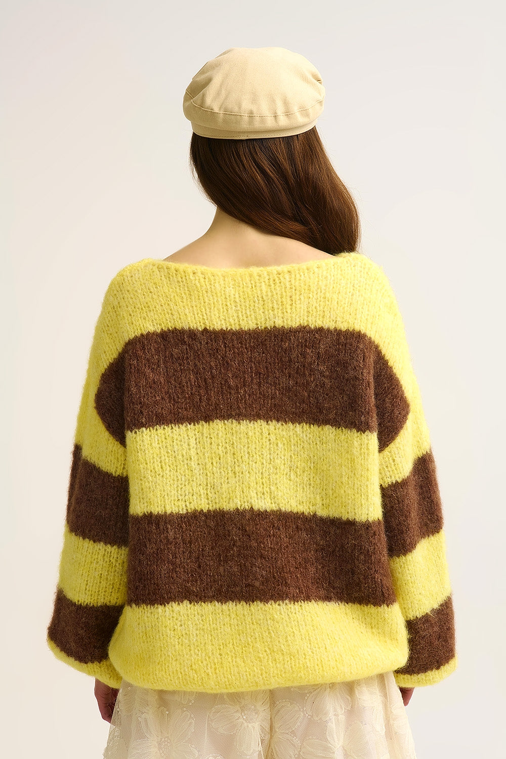 Yellow Fluffy Striped Knit Sweater with Balloon Sleeves - jumper