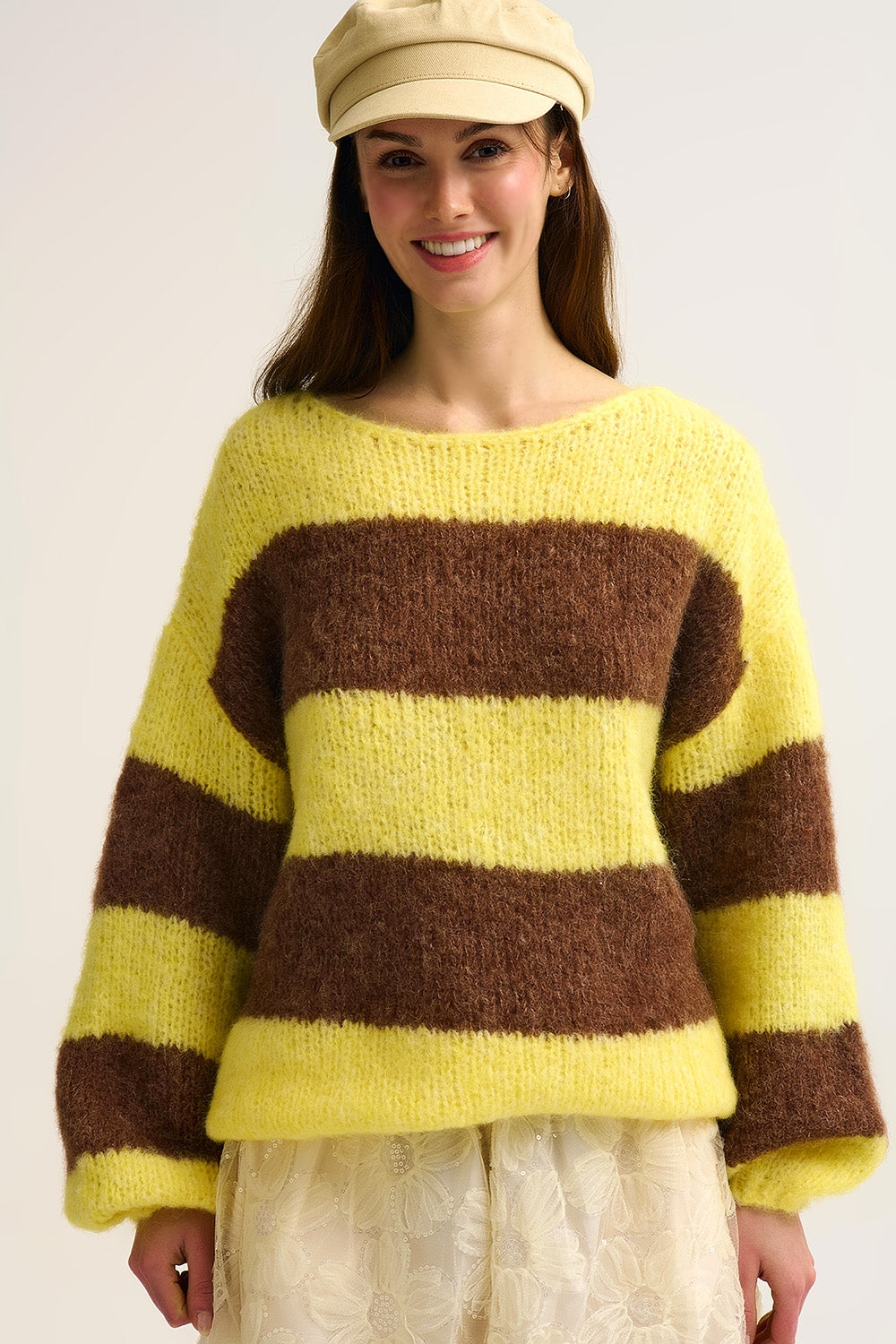 Yellow Fluffy Striped Knit Sweater with Balloon Sleeves - jumper