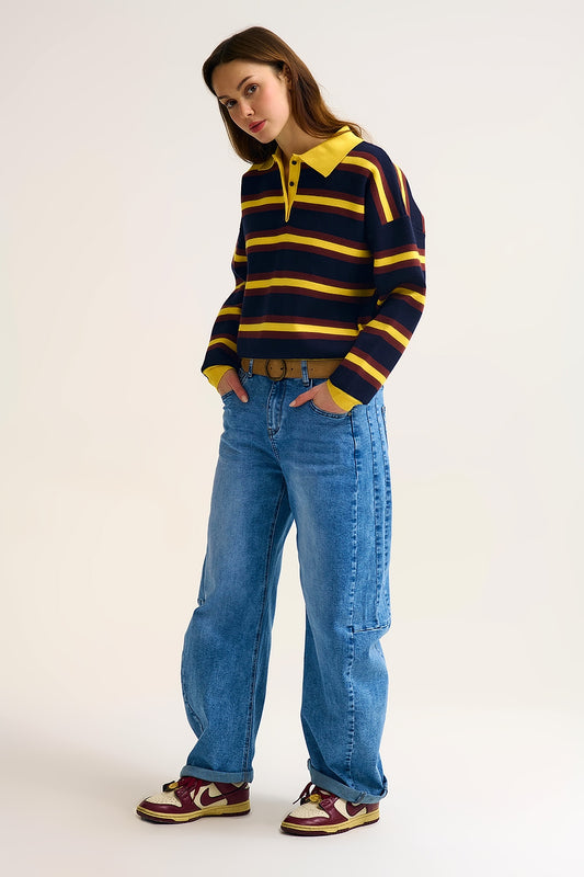 Yellow Striped Knit Polo Sweater with Relaxed Fit