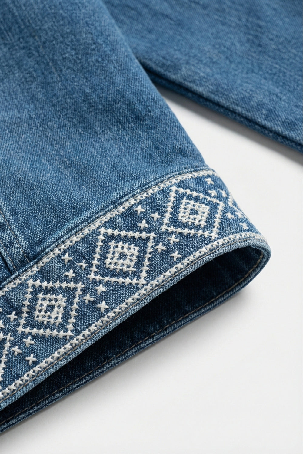 Blue Embroidered Open-Front Kimono with White Trim - blazer