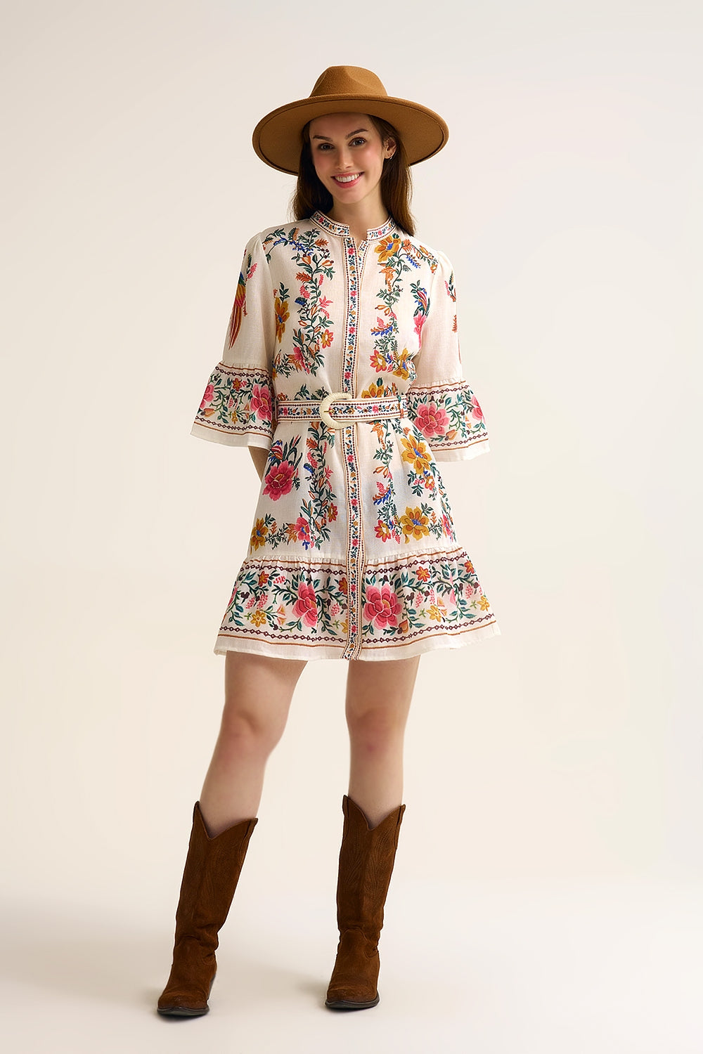 printed Floral Boho Mini Dress In white - dress