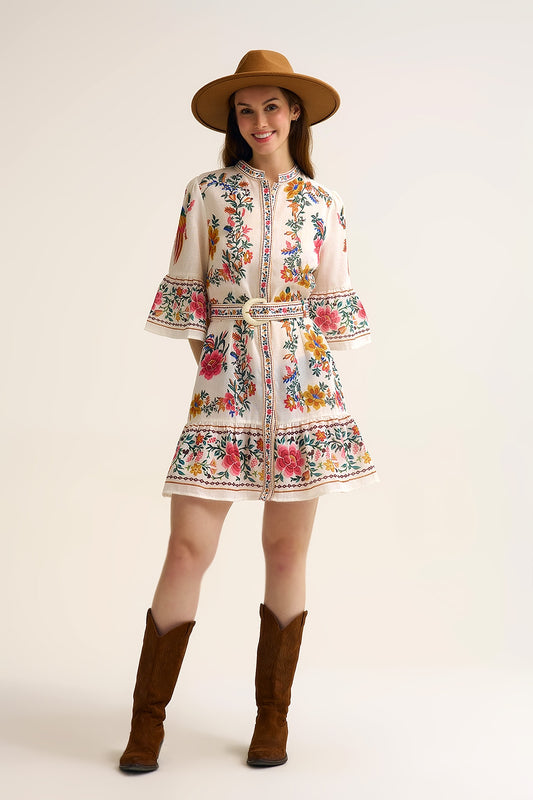 printed Floral Boho Mini Dress In white - dress