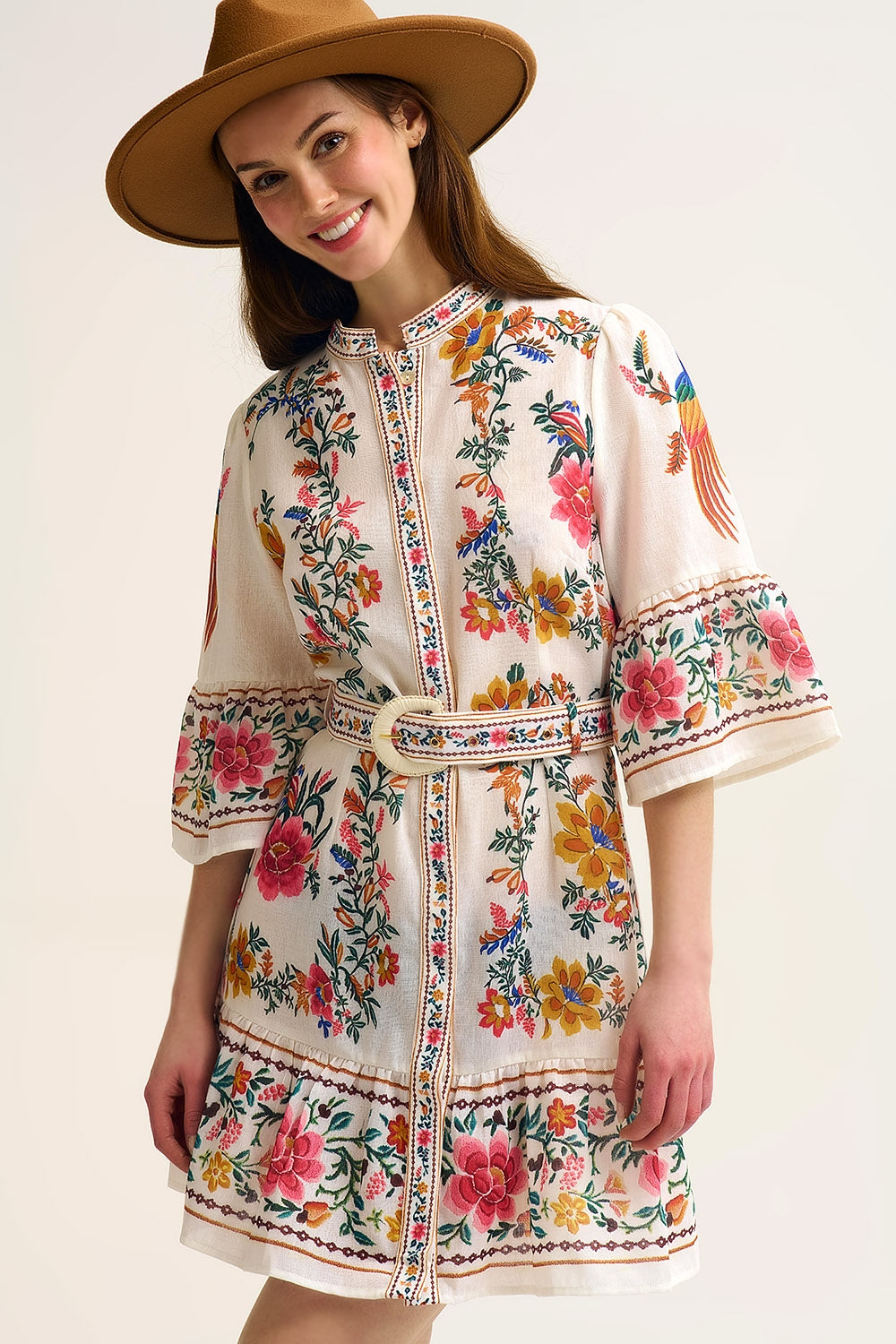 printed Floral Boho Mini Dress In white - dress