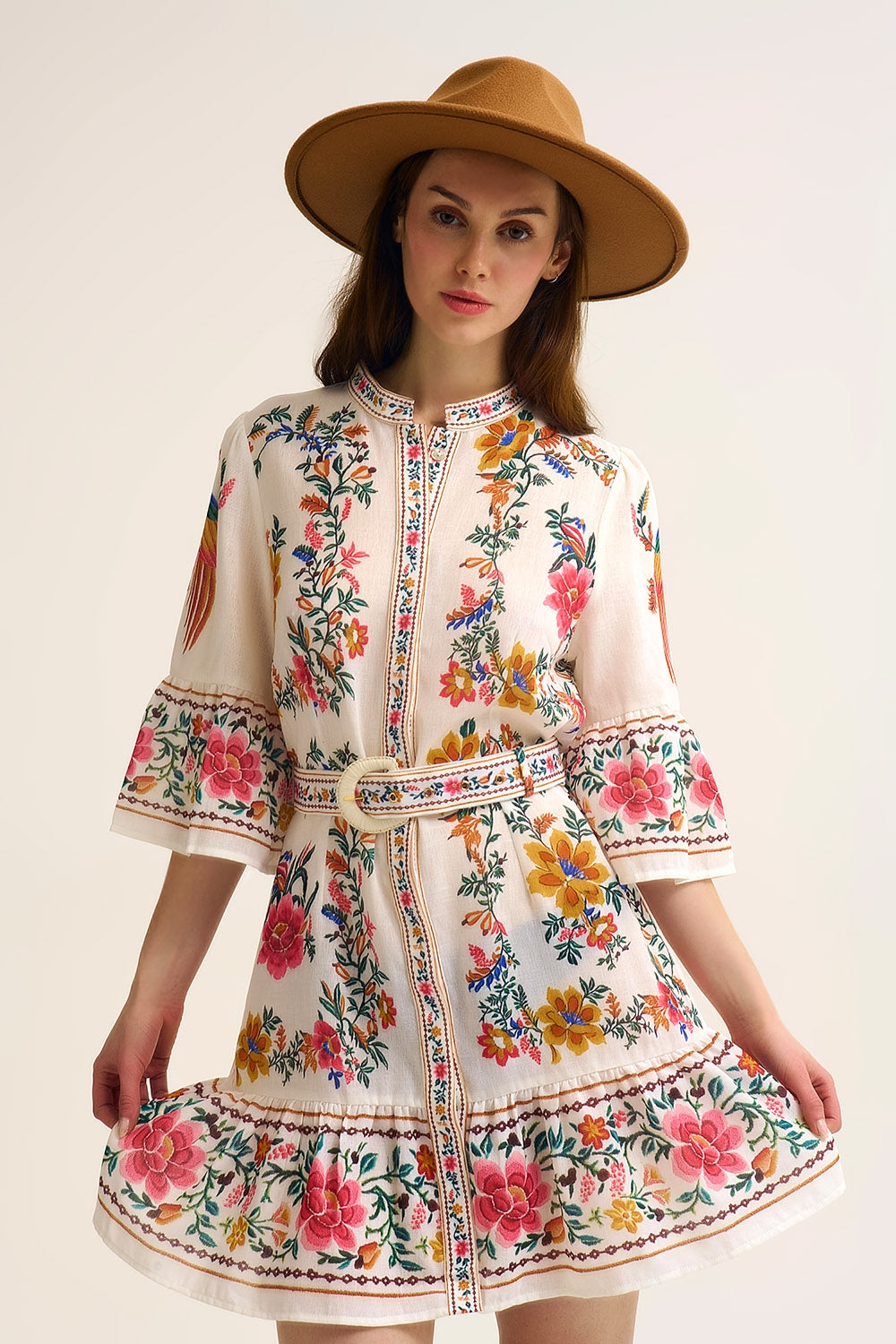 printed Floral Boho Mini Dress In white - dress