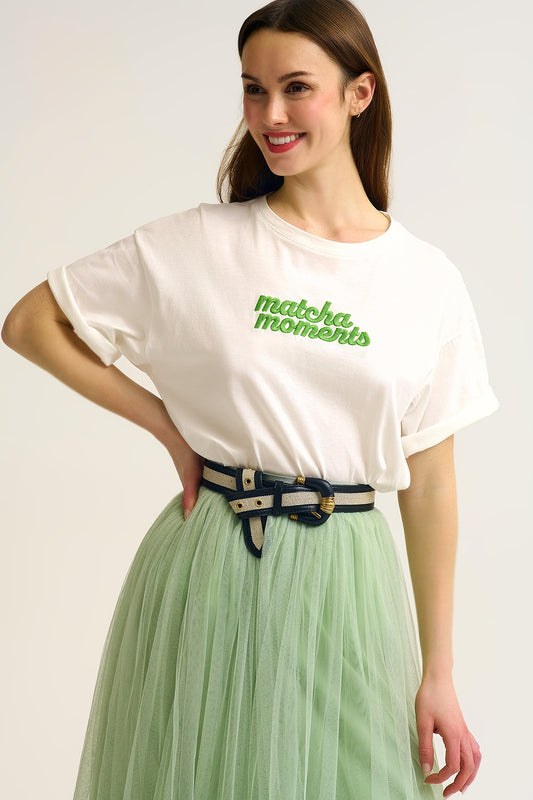 White Matcha Moments Embroidered Tee in Green - top