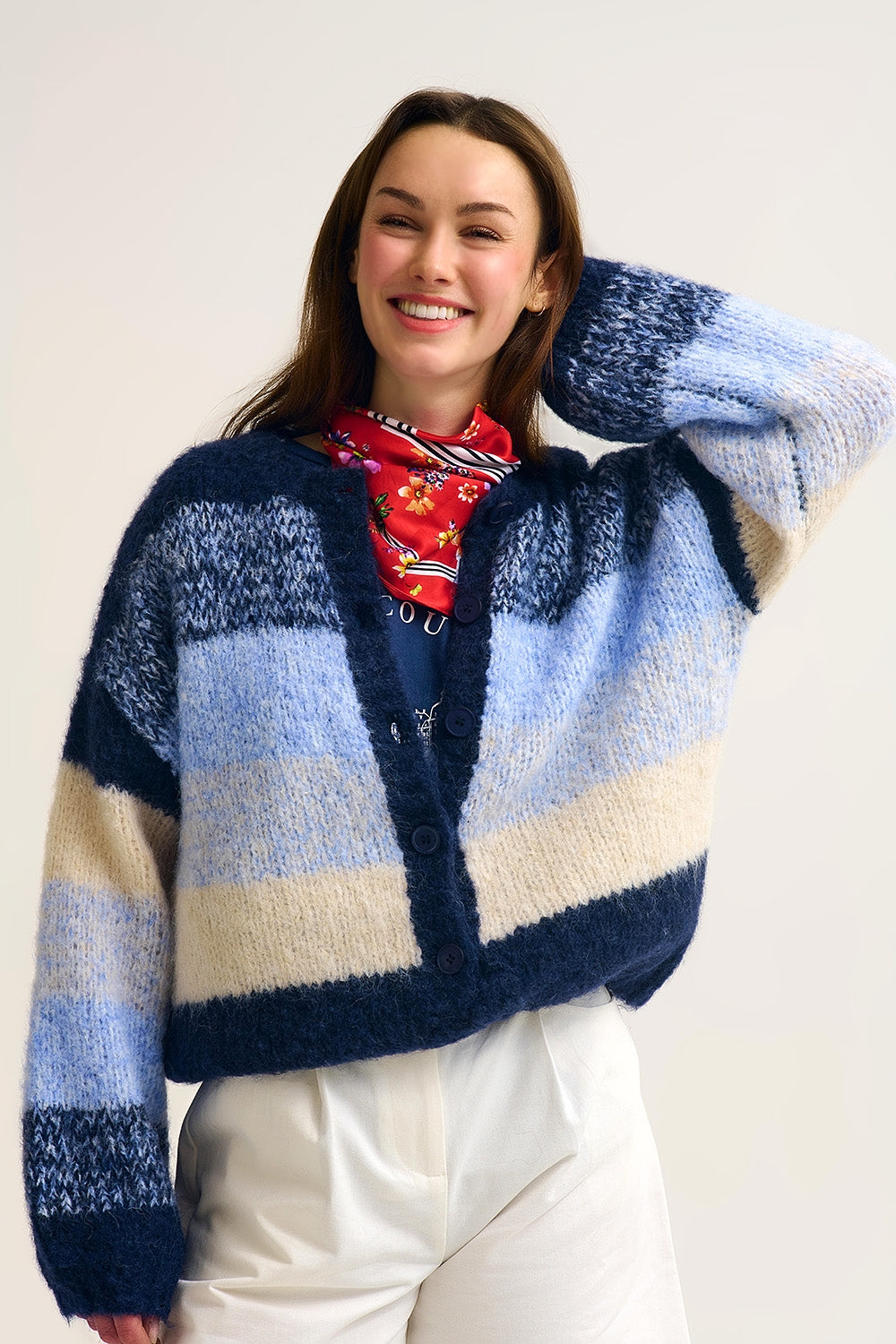 Navy Gradient Chunky Knit Cardigan with Soft Texture and Button Front - cardigan