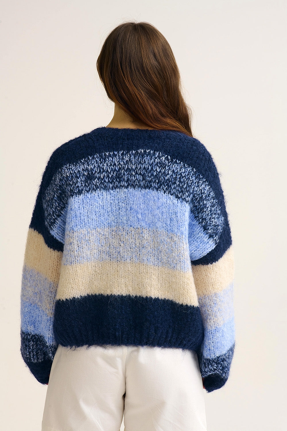 Navy Gradient Chunky Knit Cardigan with Soft Texture and Button Front - cardigan