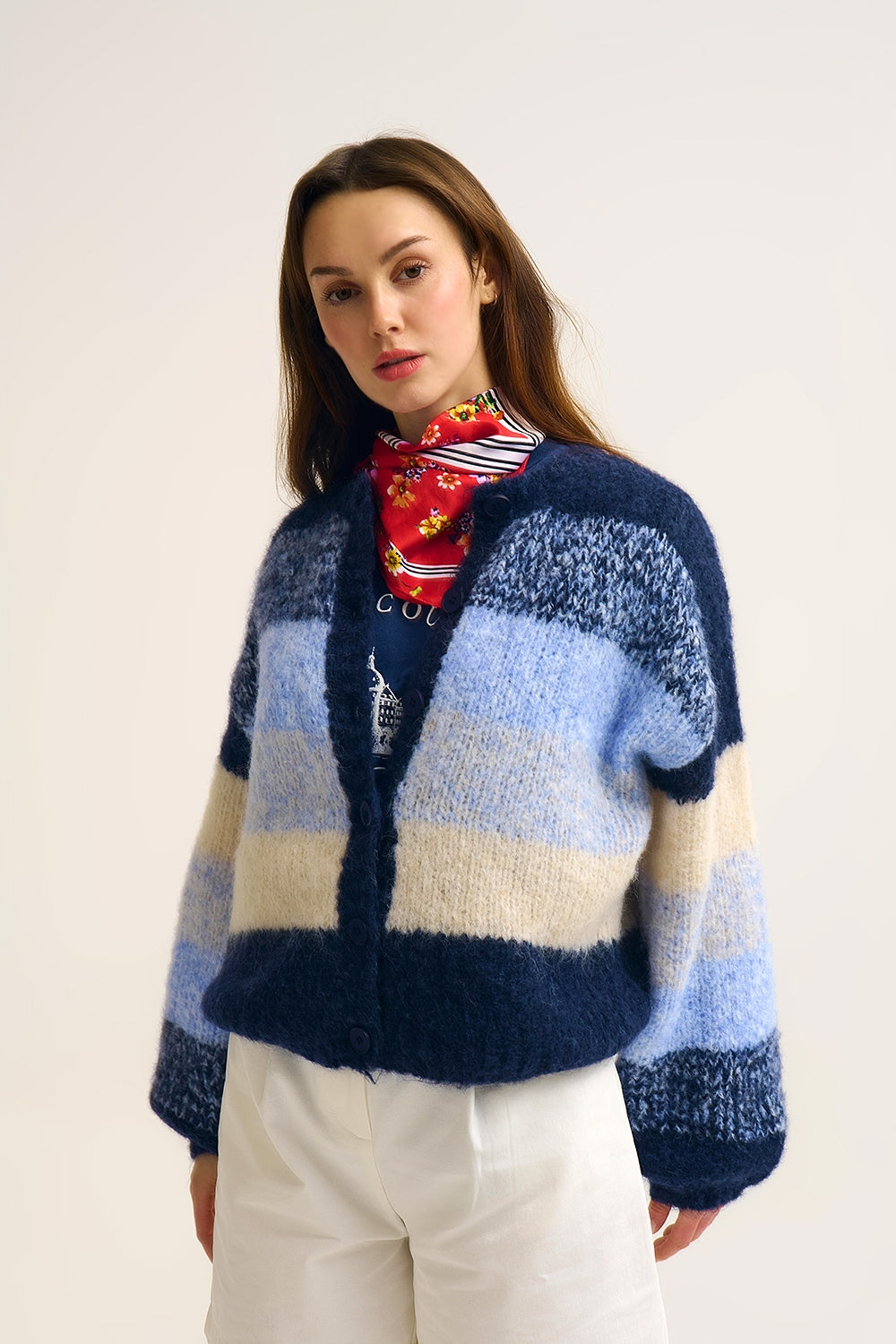 Navy Gradient Chunky Knit Cardigan with Soft Texture and Button Front - cardigan