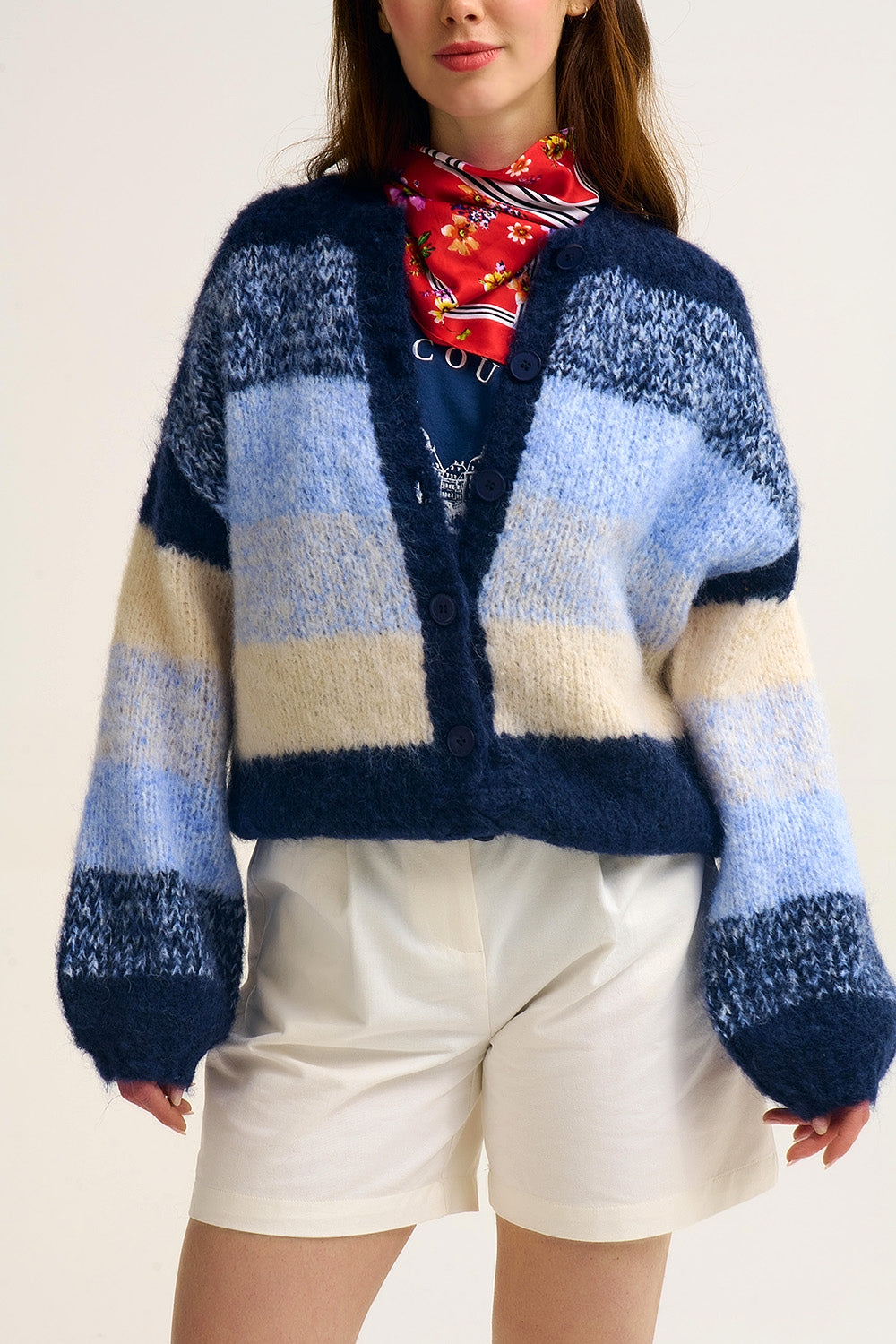 Navy Gradient Chunky Knit Cardigan with Soft Texture and Button Front - cardigan