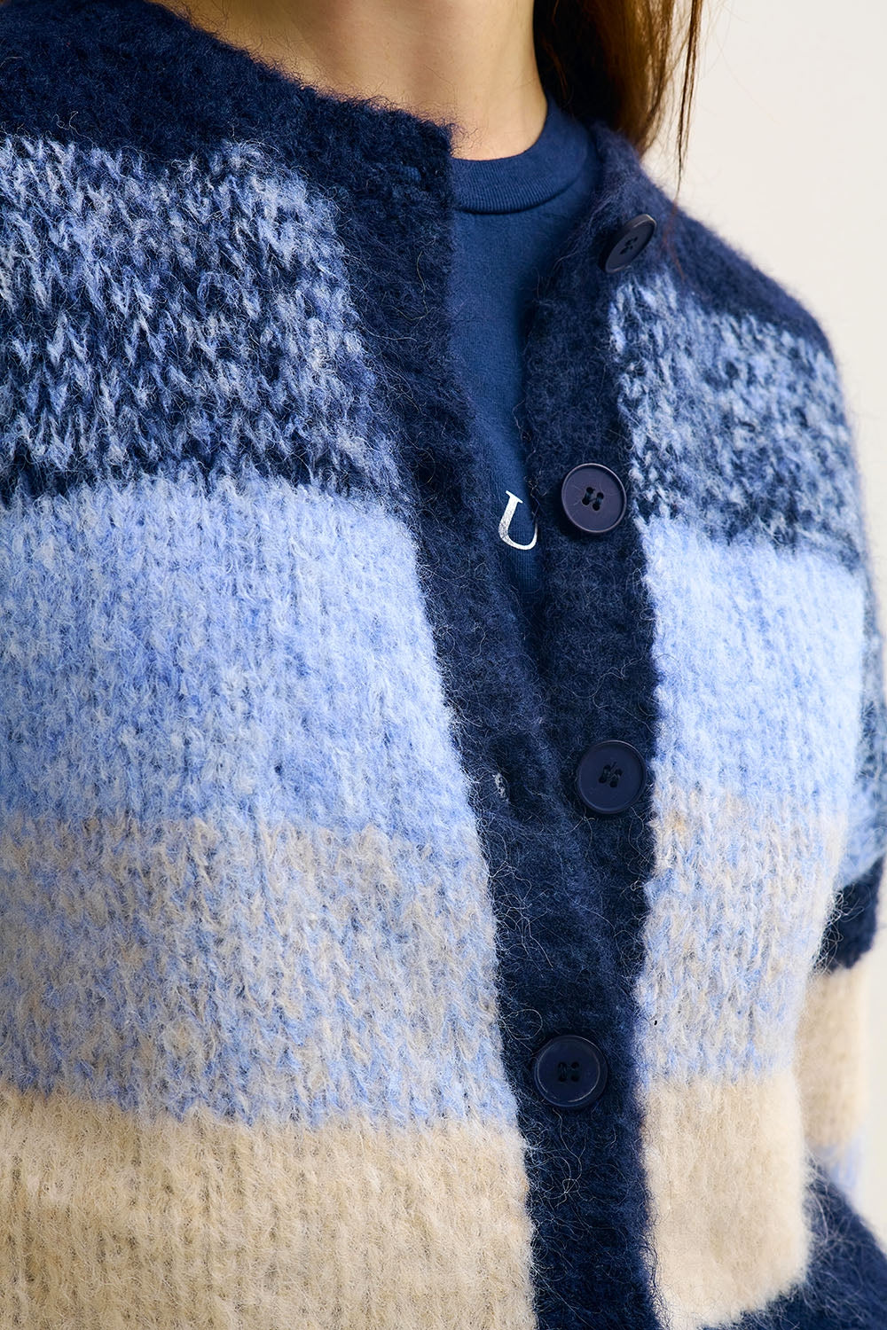 Navy Gradient Chunky Knit Cardigan with Soft Texture and Button Front - cardigan