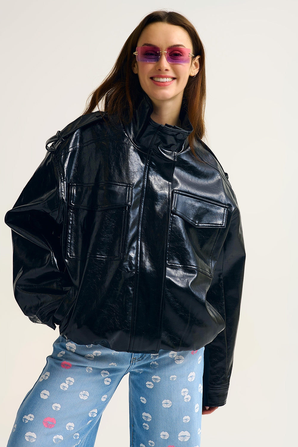Shiny faux leather oversized Jacket in black
