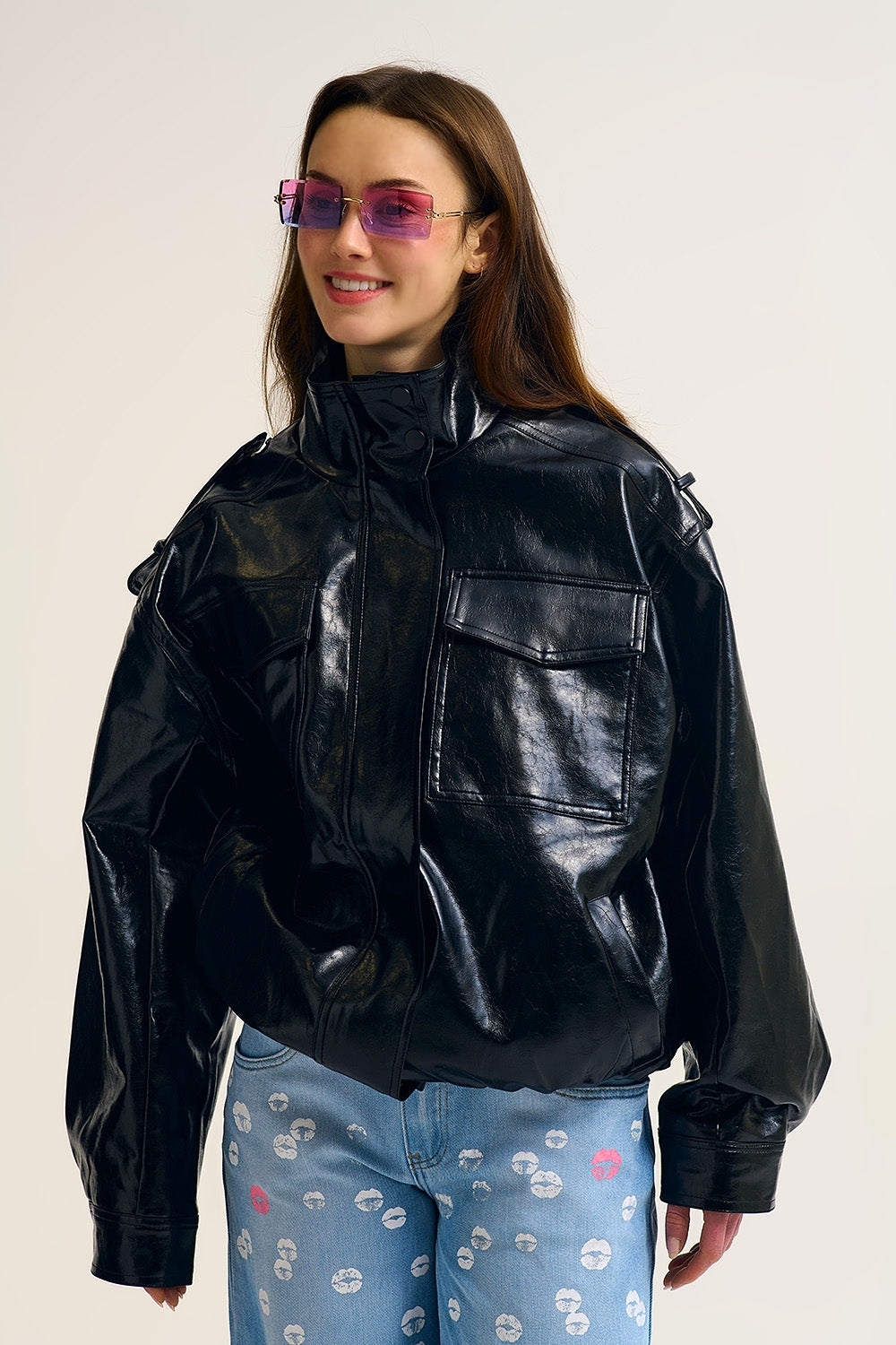Shiny faux leather oversized Jacket in black - blazer