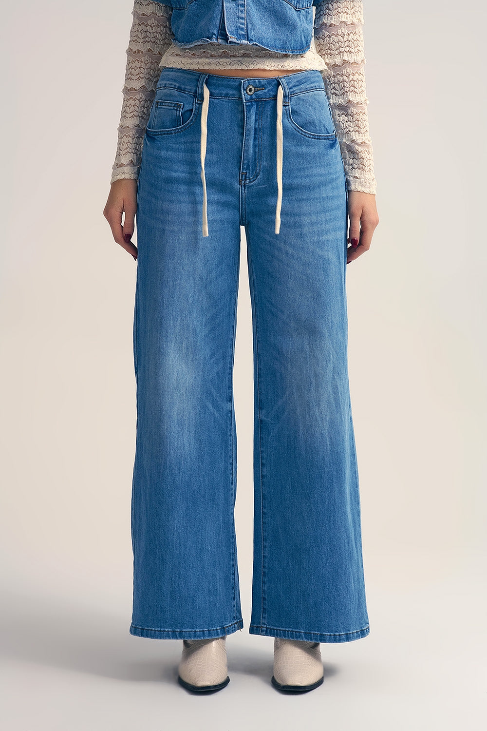 Light-Wash Wide-Leg Jeans with Drawstring Waist - Denim