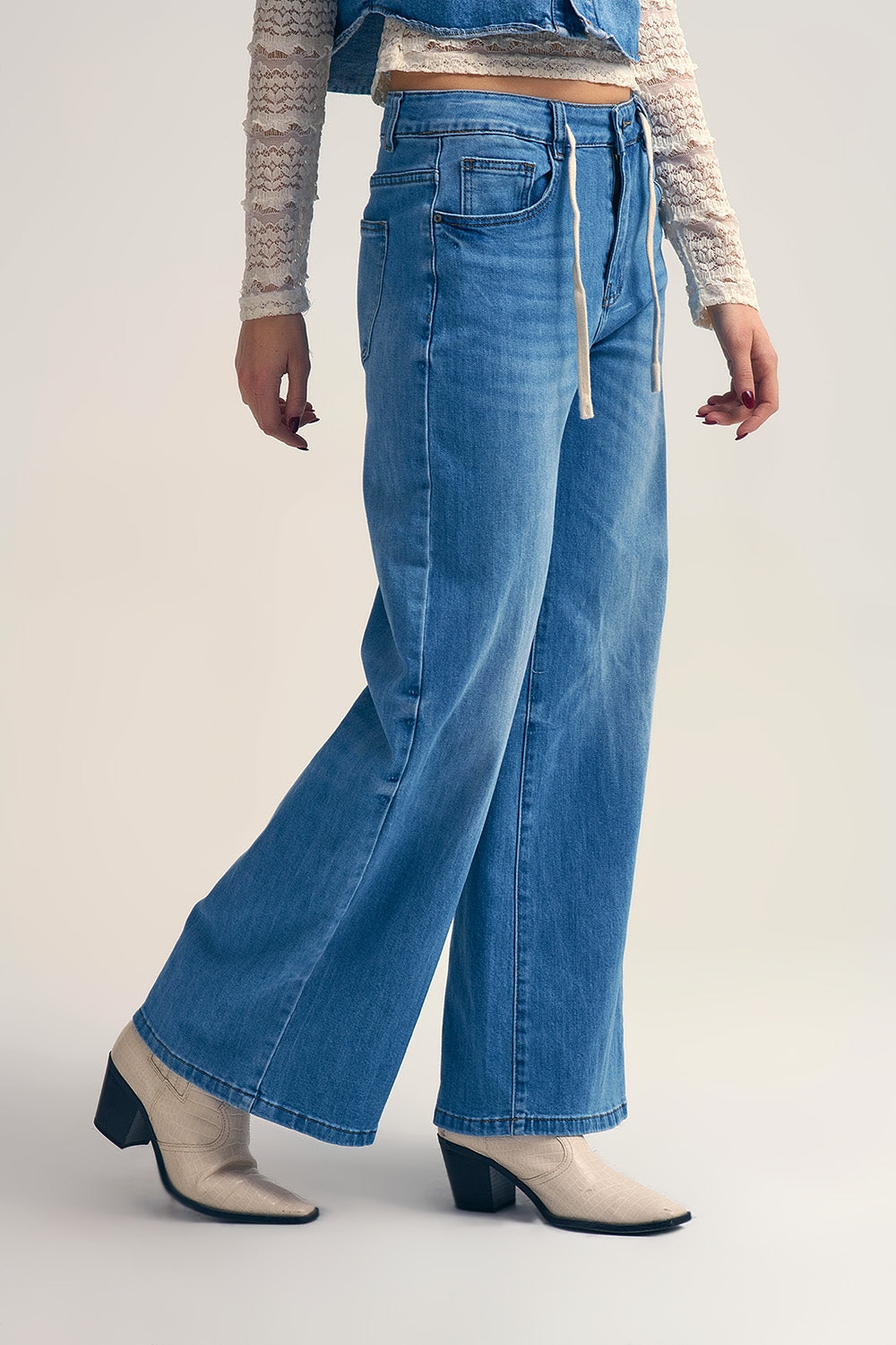Light-Wash Wide-Leg Jeans with Drawstring Waist - Denim
