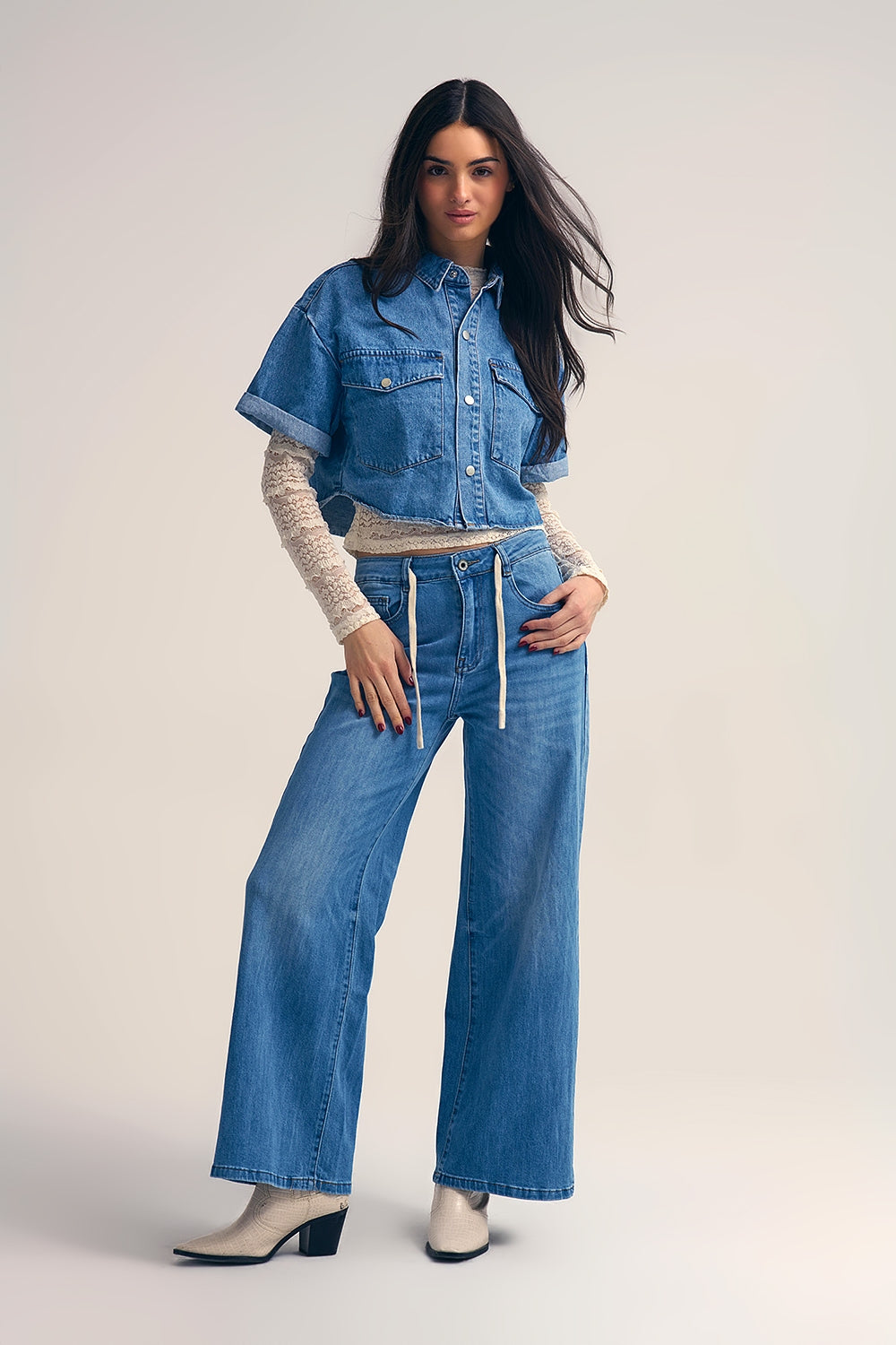 Light-Wash Wide-Leg Jeans with Drawstring Waist - Denim