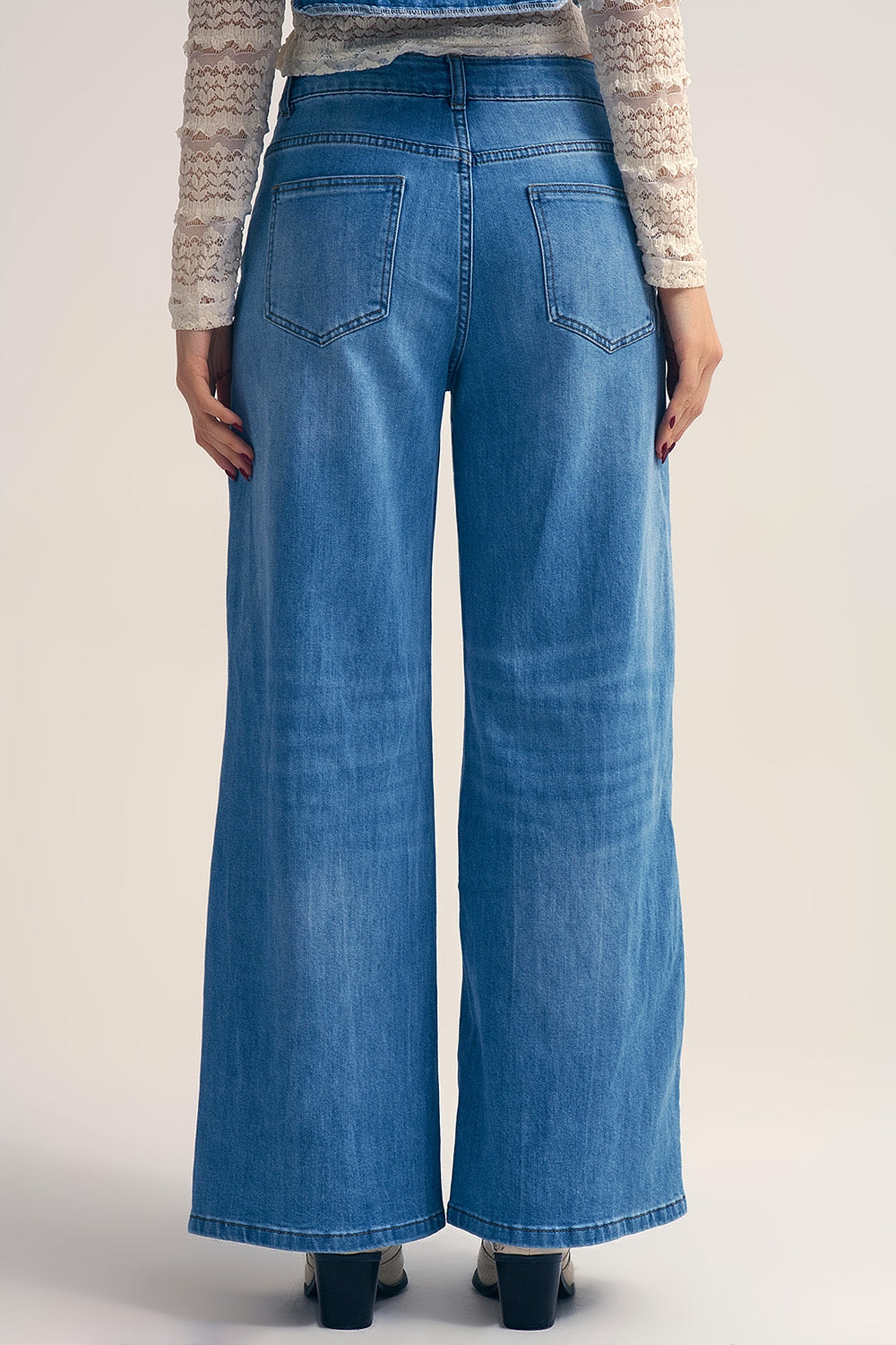 Light-Wash Wide-Leg Jeans with Drawstring Waist - Denim