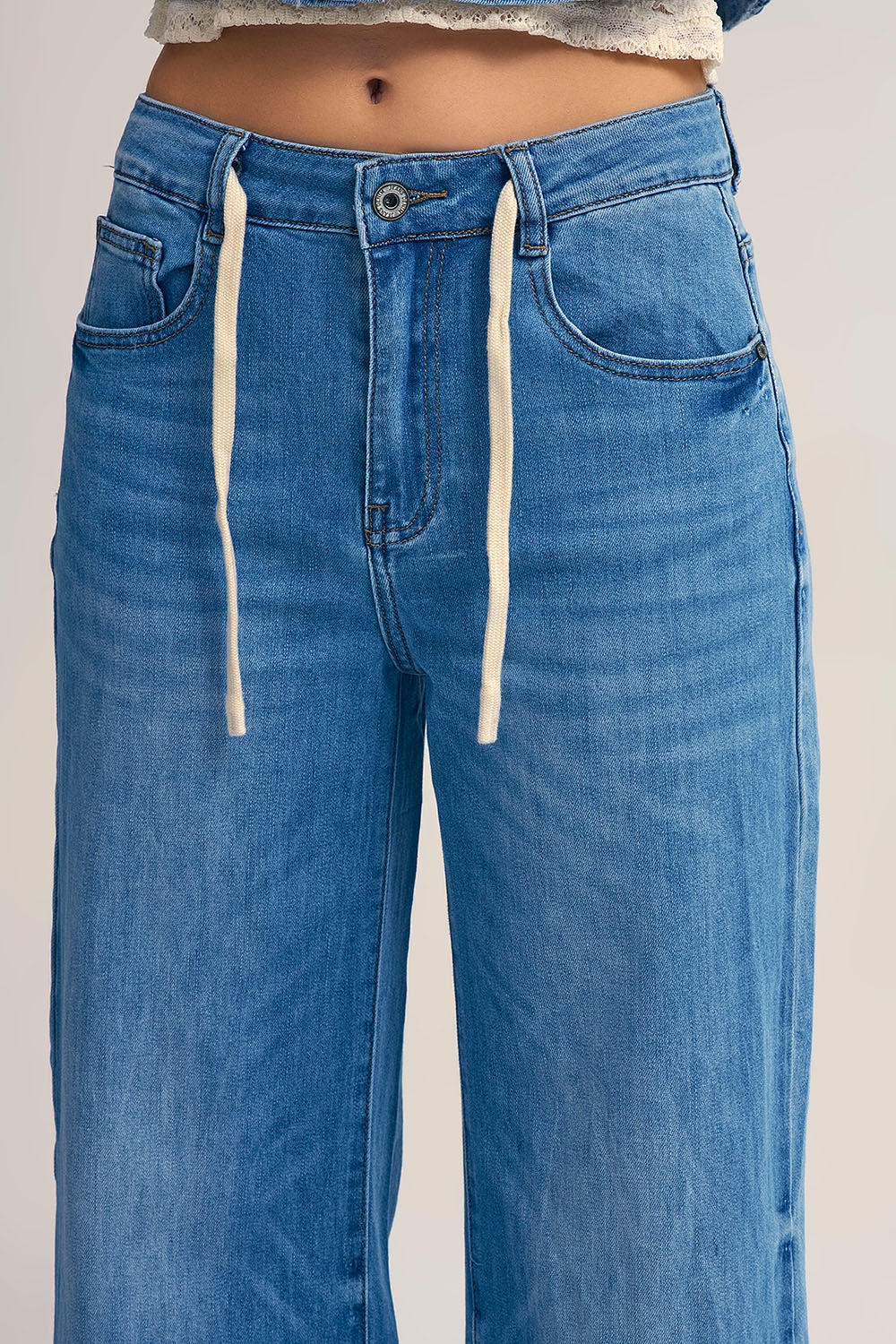 Light-Wash Wide-Leg Jeans with Drawstring Waist - Denim