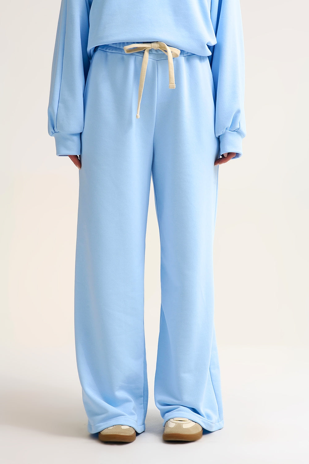 Baby Blue Knit Straight Fit Sweatpants with elastic waist and Tie - trousers