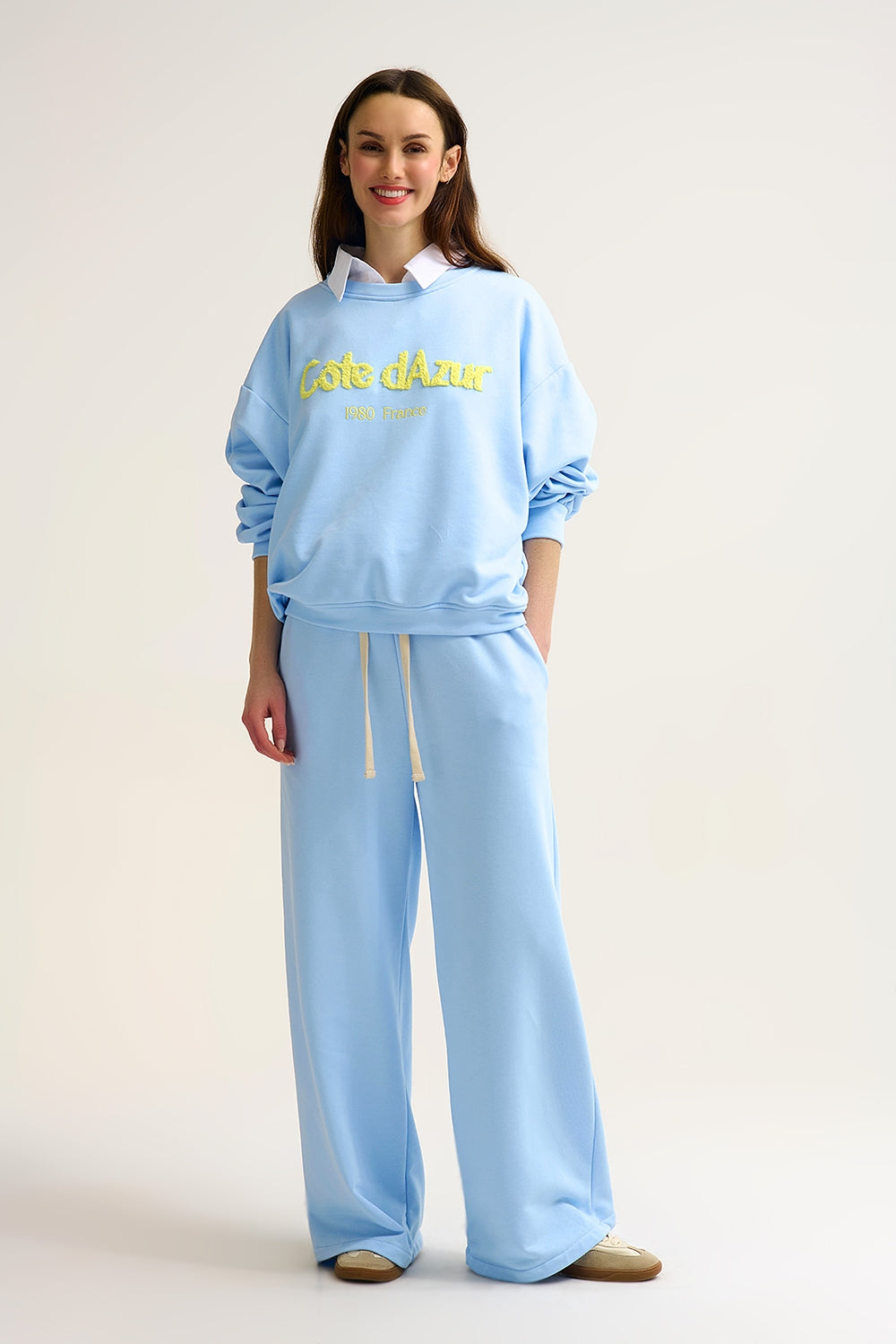 Baby Blue Knit Straight Fit Sweatpants with elastic waist and Tie - trousers