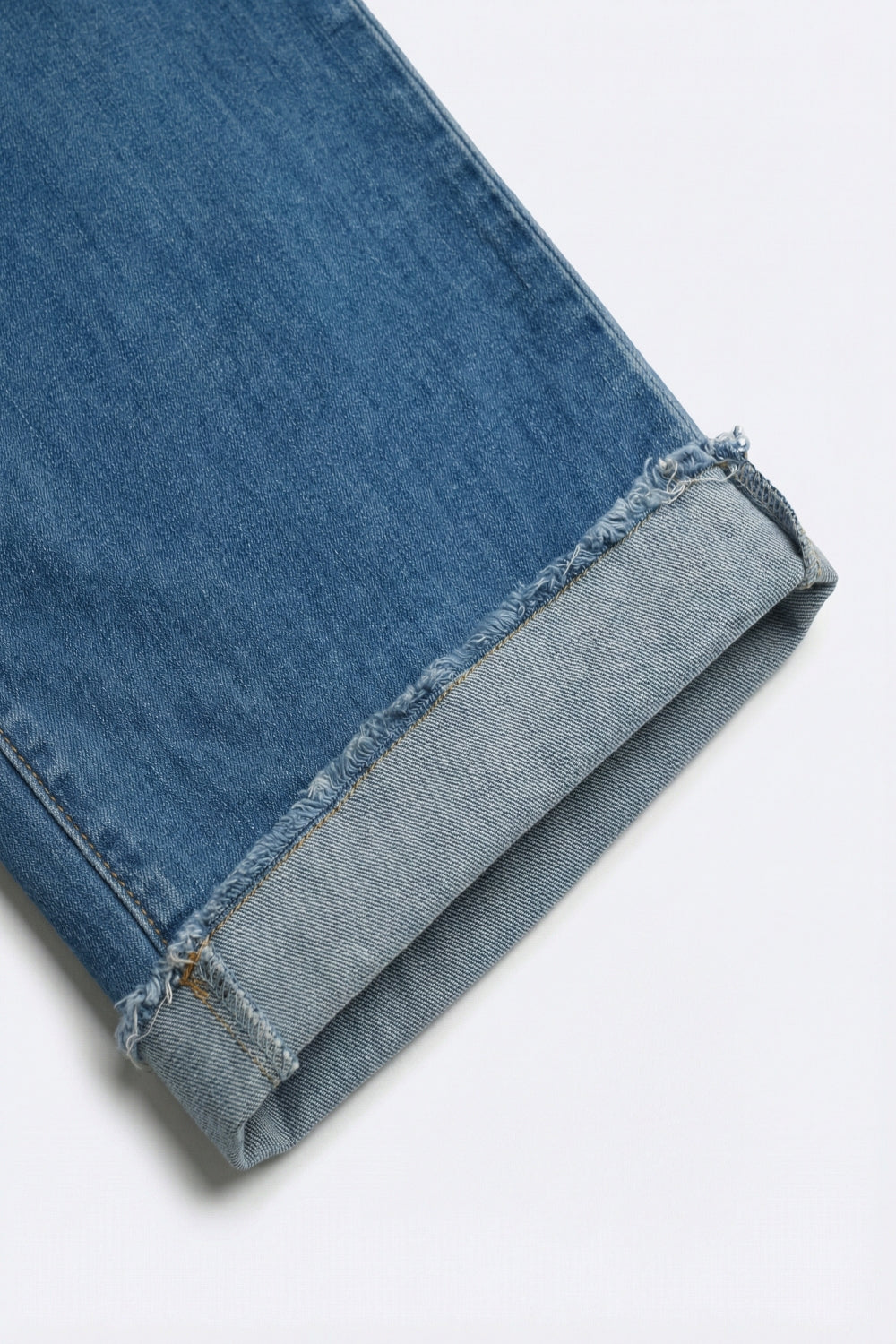 Light Blue Wide Leg Denim Jeans with Cuffed Hem - Denim