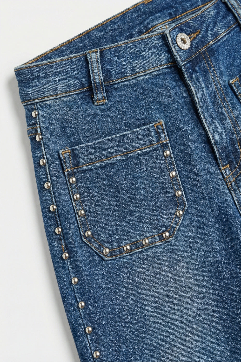 mid wash blue Flare-Leg Denim Jeans with Side Stud Detail - Denim