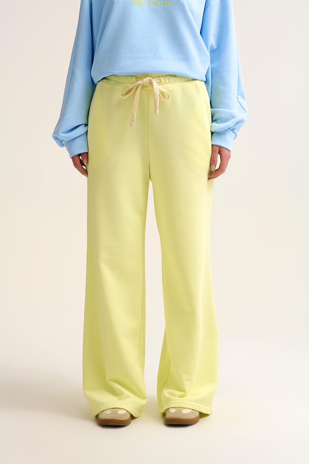 Yellow Knit Straight Fit Sweatpants with elastic waist and Tie - trousers