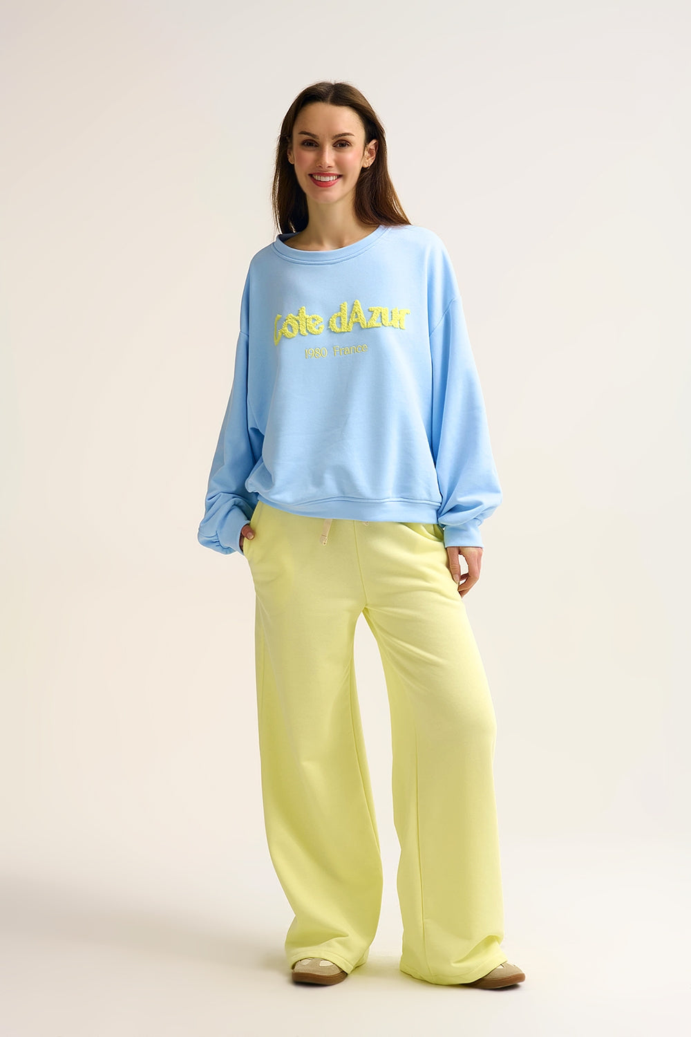 Yellow Knit Straight Fit Sweatpants with elastic waist and Tie - trousers