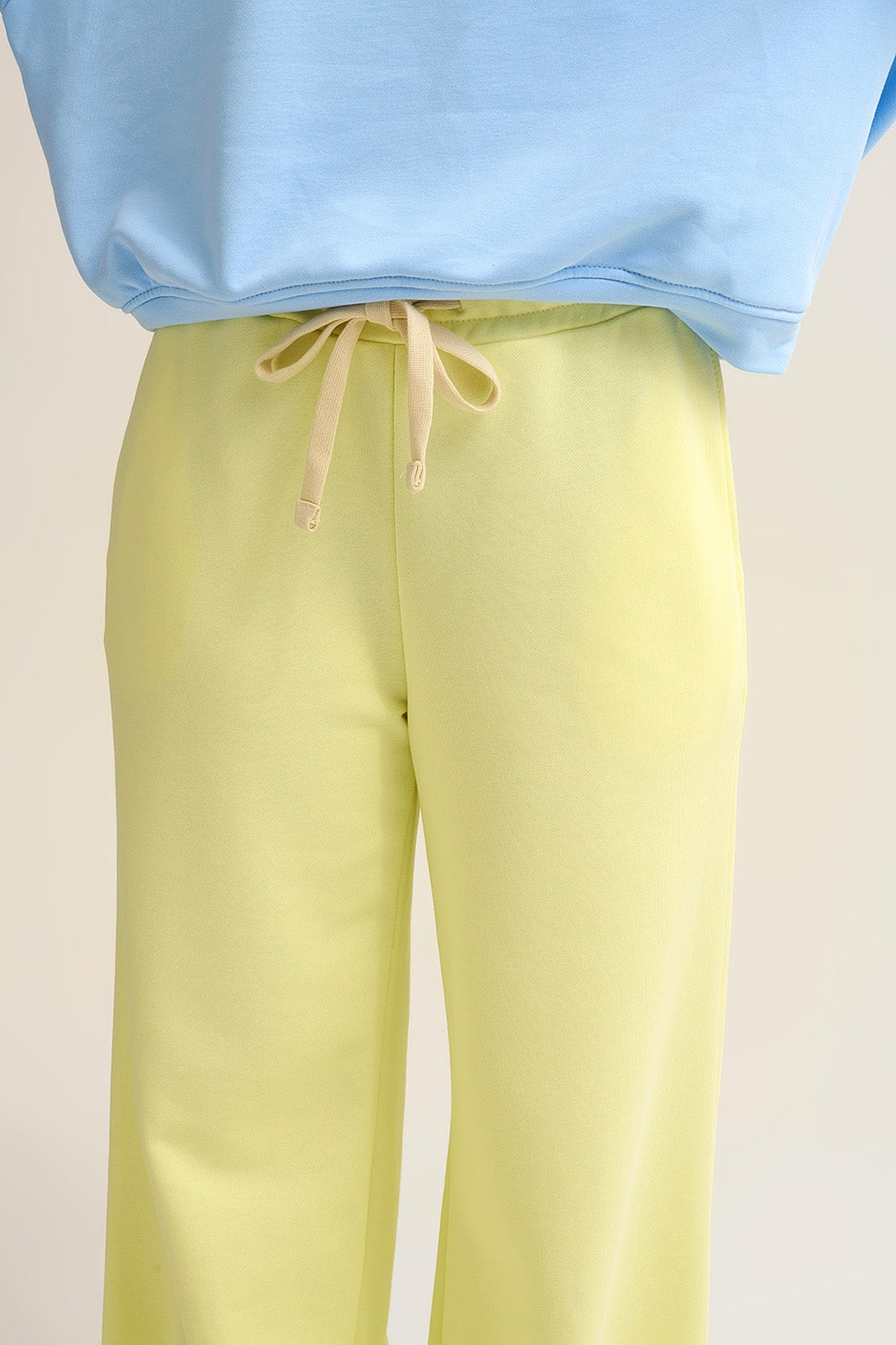 Yellow Knit Straight Fit Sweatpants with elastic waist and Tie - trousers